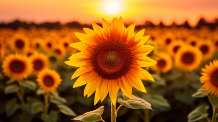 Obraz premium Sunset over a sunflower field.