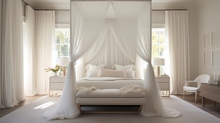 Fototapeta na wymiar Tranquil bedroom with a canopy bed, sheer drapes, and a palette of calming, muted colors