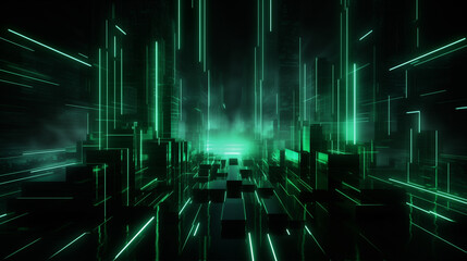 Abstract 3D background of green neon lines sliding down. Modern wallpaper.
