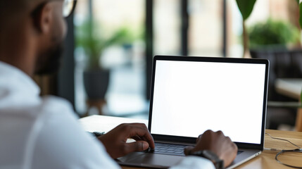 Over shoulder shot of a young man using computer laptop in front of an blank white computer screen in home