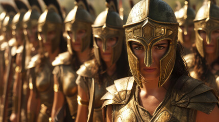 Ancient brave female Spartan warriors with golden helmets on the battlefield ready to attack. - obrazy, fototapety, plakaty