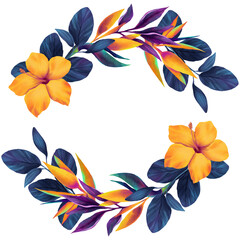 Round wreath with watercolor colorful tropical flowers and deep blue leaves - 722102816