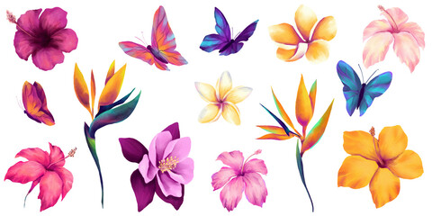 Set of neon colored watercolor exotic tropical flowers and butterflies