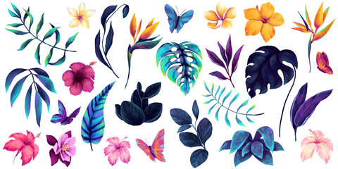 Collection of watercolor palm leaves, tropical flowers and butterflies in vibrant neon colors