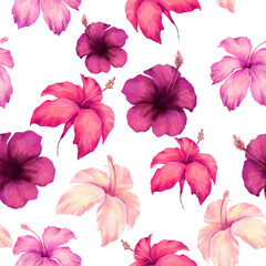 Seamless pattern of watercolor colorful tropical hibiscus flowers - 722103658