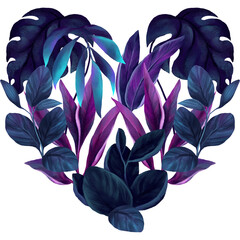 Heart made of watercolor tropical deep blue and purple leaves - 722103828