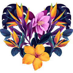 Heart made of watercolor tropical deep blue leaves and bright yellow flowers - 722103830