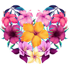 Heart made of watercolor neon colored hibiscus flowers and tropical leaves