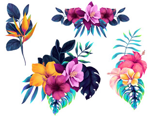 Collection of vivid bouquets with tropical flowers and palm leaves - 722104001