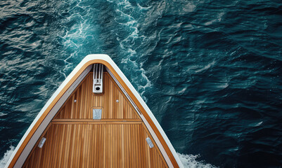 bow of a modern yacht with a wooden teak deck at sea, top view, copy space