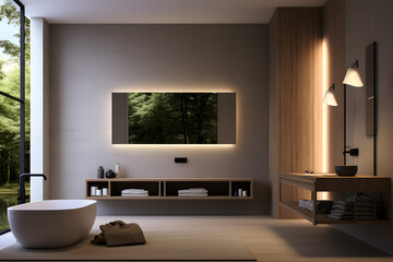 bathroom with a built-in wall-mounted entertainment system