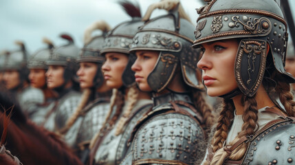 Ancient brave female Byzantine empire warriors with helmets. - obrazy, fototapety, plakaty