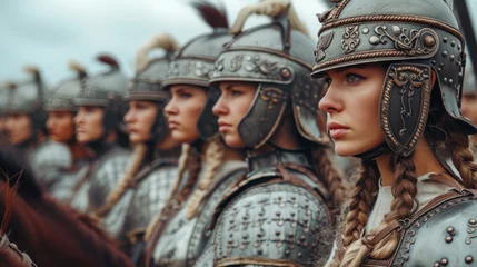 Fotobehang Ancient brave female Byzantine empire warriors with helmets. © NorLife