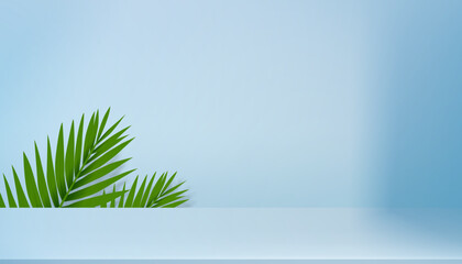 Summer Background,Studio Room display with light,coconut palm leaves shadow leaves on pastel blue cement wall background for product present,Backdrop tropical scene concept for web banner