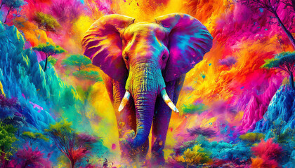 Psychedelic elephant background image. Generative AI