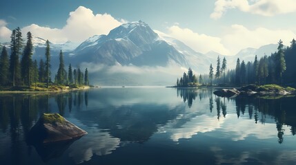 Tranquil lake surrounded by mountains and reflected in the calm water - 722104867