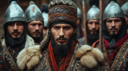 Ottoman Sehzade ( son of sultan ) commander with his army behind preparing for war.