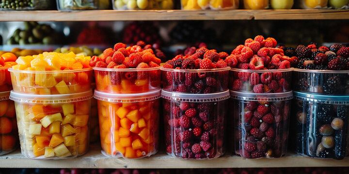 Containers of fresh, vibrant fruits are arranged on a grocery shelf, showcasing a spectrum of colors. The image exudes health and abundance, suitable for use in nutrition guides or food marketing.