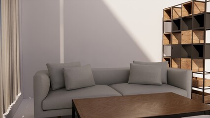 The living room is designed in a modern style with a sofa, table and shelves.