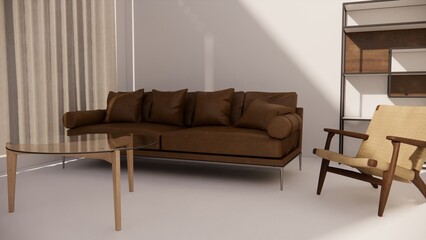 The living room is designed in a modern style with a sofa, glass table and lounge chairs. and shelves