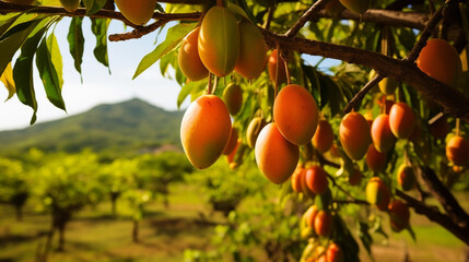 Close-up, mango trees laden with ripe fruits: a lush mango garden with bright ripe mangoes hanging from the branches, sun rays. - obrazy, fototapety, plakaty