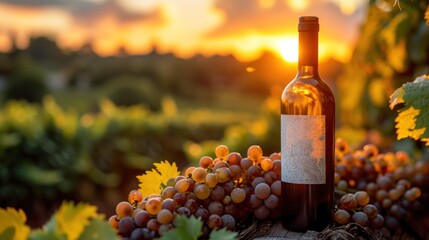 wine bottle grape plantation landscape background - obrazy, fototapety, plakaty