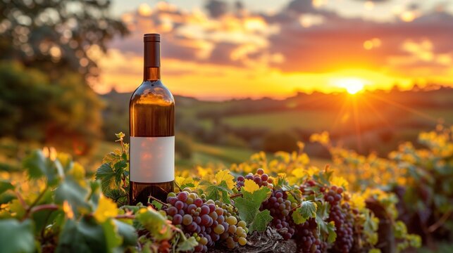 wine bottle grape plantation landscape background