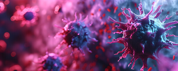Close up banner of floating virus cells, bacteria, microbes on blurred pink background with copy space. Abstract 3d render of covid, flu, infection disease. Сoncept for  hospitals, clinics,  care.