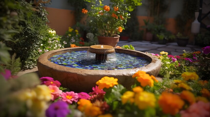 Fototapeta na wymiar Serene Garden Oasis with Mosaic Fountain AI-Generative