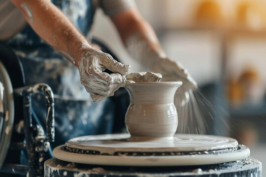 close-up of a wheelchair user participating in a creative art or pottery workshop, highlighting the diverse and enriching experiences in wheelchair life in a minimalistic photo