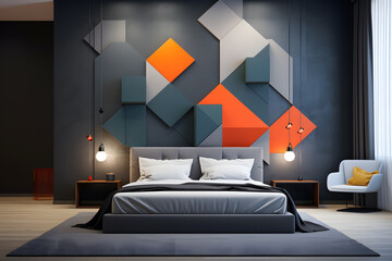 bedroom with geometric wall mural 