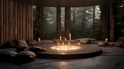 Tranquil meditation space surrounded by natural elements, earthy tones, and soft lighting