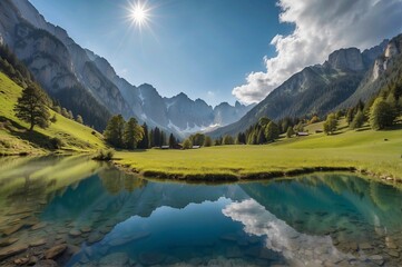 Beautiful view of Seealpsee in mountain landscape, Allgäuer Alpen, Oberstdorf, Bavaria, Germany