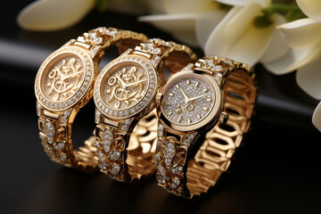 Luxurious golden watches adorned with diamonds, a symbol of opulence and precision