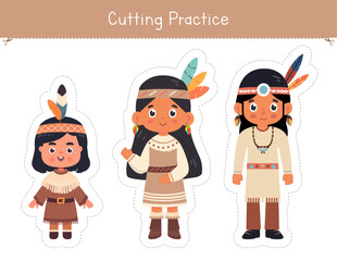 Cutting practice activity for Thanskgiving with a cute family of native Americans. Educational game for preschool and kindergarten kids