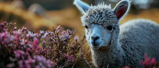 Obraz premium Serene Alpaca in Wildflower Meadow at Sunset