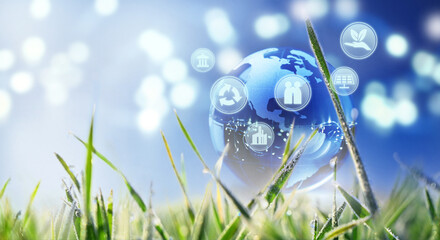 Glass globe earth ball with sustainable development and environment, social, governance and...