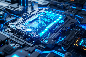 A computer chip with a blue color scheme.