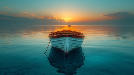 夕日に照らされた海に浮かぶボ小さなボート