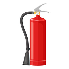 Red fire extinguisher with nozzle isolated on white background. Portable fire extinguishing equipment from fire department. Professional tool or instrument. Flat cartoon design vector illustration