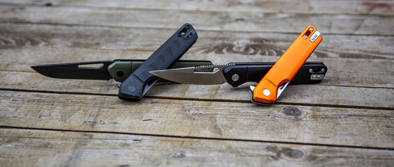 Folding penknives in different colors. Pocket knives for everyday carry. Various knives for...