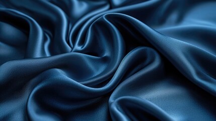 A detailed view of a Blue color satin fabric, capturing its shiny, smooth surface and deep blue color, filling the entire screen with its elegant, flowing texture