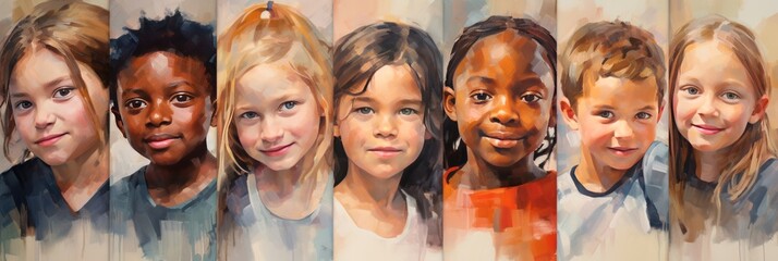 Collage of photos with different little children. Group of different children. Photo collage portrait of different kids smile close up isolated. Collection of different people and ethnicities - obrazy, fototapety, plakaty