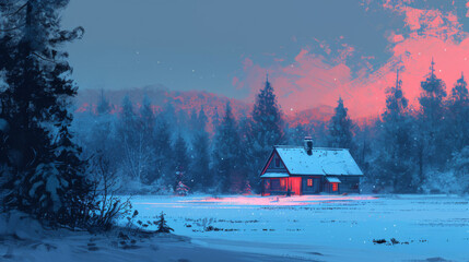 Winter cottage scene with some trees.
