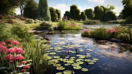 Foto op Canvas Tranquil pond surrounded by tall grass and water lilies, creating a serene water garden © CREATER CENTER