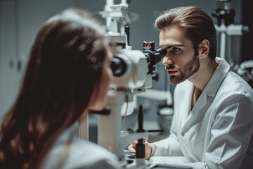 stylish eye care professional guiding a patient through a vision test using advanced equipment, highlighting expertise and precision in a minimalistic photo