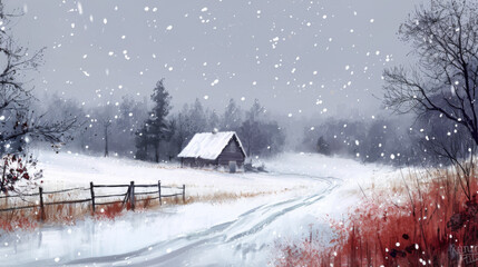 Snowy countryside landscape acrylic painting.