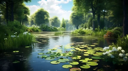 Foto op Canvas Tranquil pond surrounded by tall grass and water lilies, creating a serene water garden © CREATER CENTER