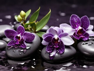 Obraz na płótnie Canvas Serenity Spa Escape: Aromatherapy Bliss with Massage Pebbles,black Tranquil Stone Stacks and Orchid Flowers 