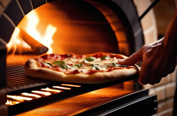 Mans hand putting a pizza into the oven. Italian cuisine restaurant.